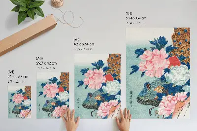 Plakát na zeď s motivem Páv a pivoňky, vintage japonský dřevotisk od Utagawy Hirošige