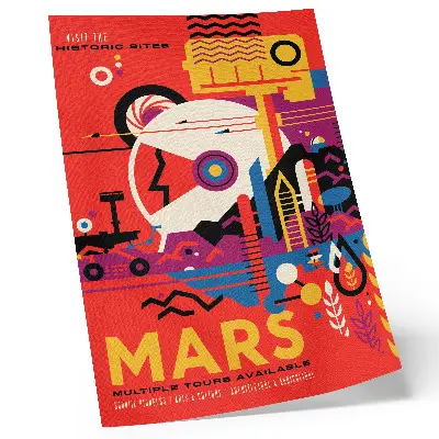 Nástěnný plakát propagující fiktivní vesmírnou cestu na planetu Mars