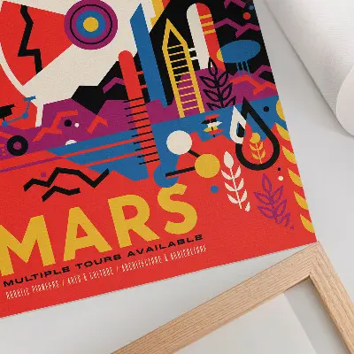 Nástěnný plakát propagující fiktivní vesmírnou cestu na planetu Mars