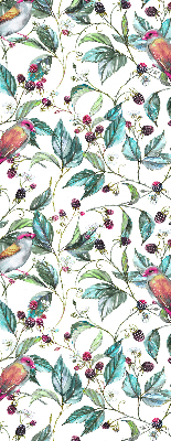 Okenní roleta s motivem modrých listů a barevných ptáků