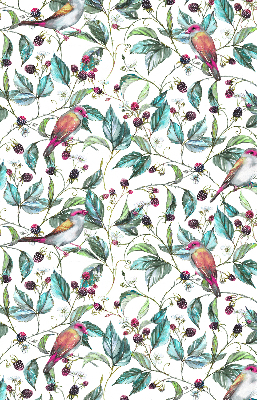 Okenní roleta s motivem modrých listů a barevných ptáků