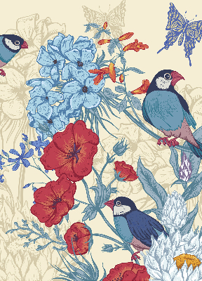 Látková roleta na okno s motivem ptáků mezi květinami