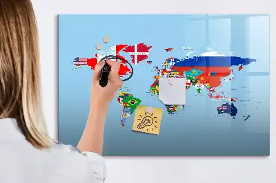 Magnetická kreslící tabule s motivem mapy se světem a vlajkami