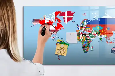 Magnetická kreslící tabule s motivem mapy se světem a vlajkami