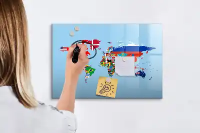 Magnetická kreslící tabule s motivem mapy se světem a vlajkami