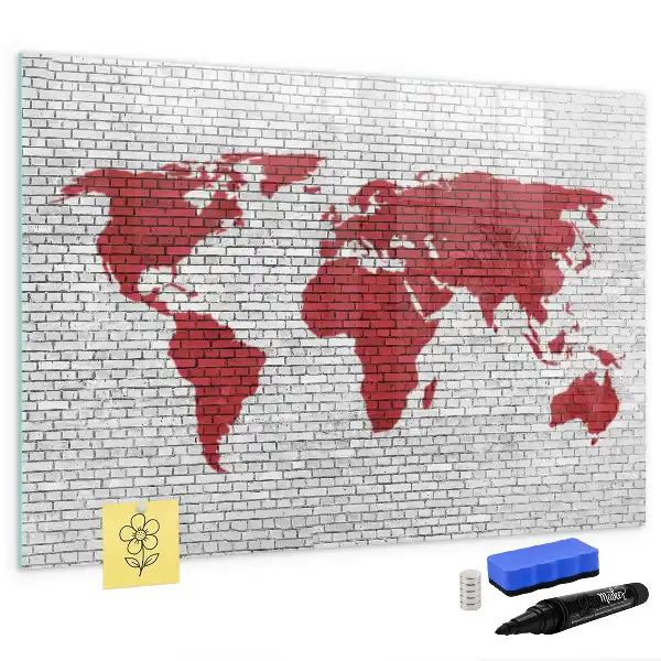 Magnetická tabule s mapou světa motivy cihelné zdi