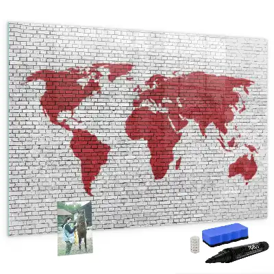 Magnetická tabule s mapou světa motivy cihelné zdi