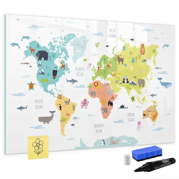Magnetická tabule s mapou světa zvířat popisovatelná verze