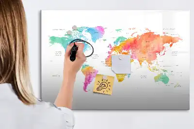 Magnetická tabule s motivem akvarelové mapy světa popisovatelná verze