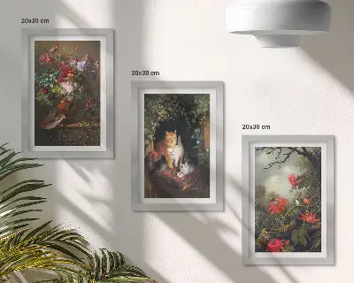 Sada tří obrazů s motivem vintage květin, koček a rostlin v přírodě