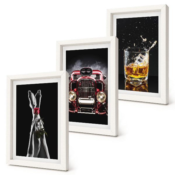 Sada obrazů na zeď Ženské nohy s růží, starým autem a sklenicí whisky