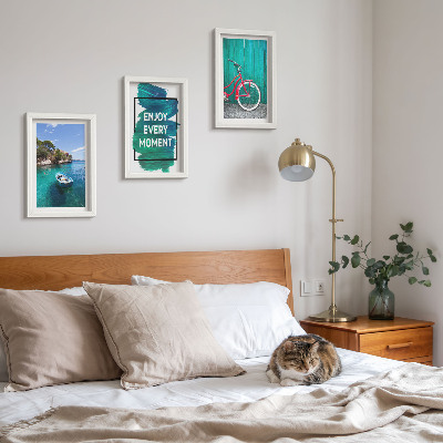 Vícedílný obraz v rámu Výhled na moře s inspirativním nápisem na lodi a kole