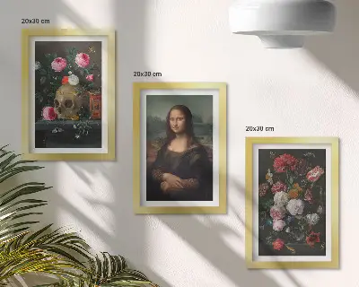 Sada tří obrazů portrét lebky a Mony Lisy od Leonarda da Vinciho s květinami