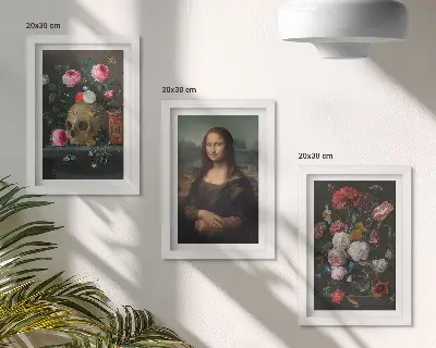 Sada tří obrazů portrét lebky a Mony Lisy od Leonarda da Vinciho s květinami