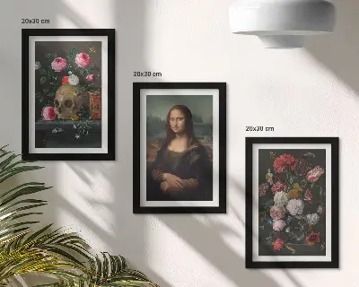 Sada tří obrazů portrét lebky a Mony Lisy od Leonarda da Vinciho s květinami