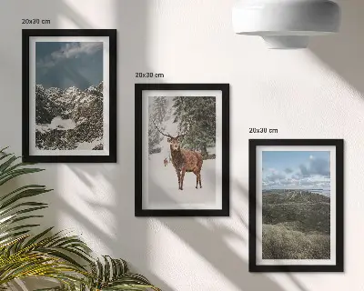 Sada tří obrazů hory se sněhem, jeleni v lese a krajina