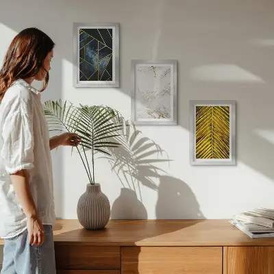 Sada obrazů na zeď s moderními geometrickými vzory a přírodními rostlinnými motivy