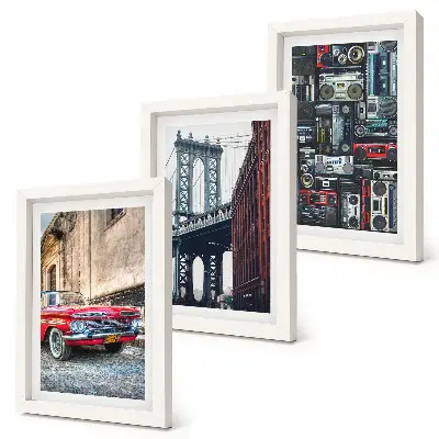 Sada tří obrazů staré auto na ulici poblíž Brooklynského mostu a retro audio zařízení