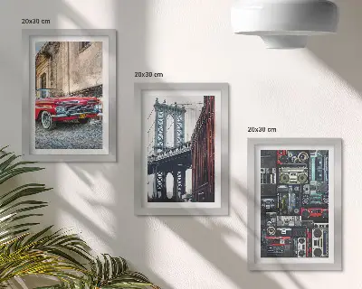 Sada tří obrazů staré auto na ulici poblíž Brooklynského mostu a retro audio zařízení