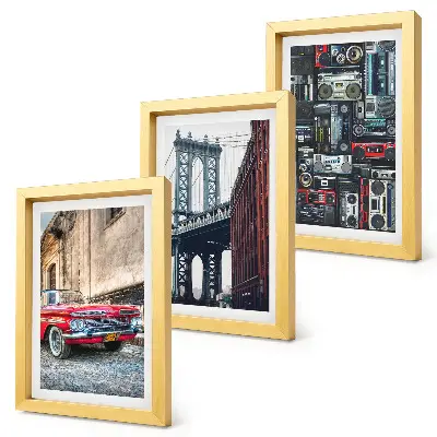 Sada tří obrazů staré auto na ulici poblíž Brooklynského mostu a retro audio zařízení