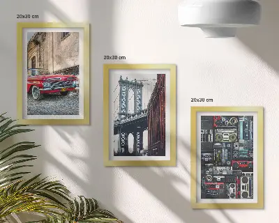 Sada tří obrazů staré auto na ulici poblíž Brooklynského mostu a retro audio zařízení