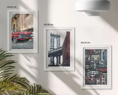 Sada tří obrazů staré auto na ulici poblíž Brooklynského mostu a retro audio zařízení
