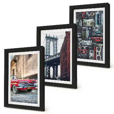 Sada tří obrazů staré auto na ulici poblíž Brooklynského mostu a retro audio zařízení