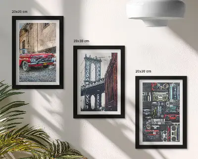 Sada tří obrazů staré auto na ulici poblíž Brooklynského mostu a retro audio zařízení