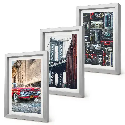 Sada tří obrazů staré auto na ulici poblíž Brooklynského mostu a retro audio zařízení