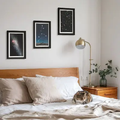 Sada tří obrazů galaxie v souhvězdí Lva a vesmír