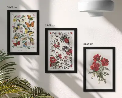 Sada tří obrazů s motivem motýlů, květin a červených růží v klasickém stylu