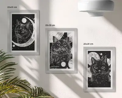 Sada obrazů na zeď černé kočky na pozadí měsíce a planet ve vesmíru