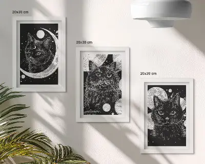 Sada obrazů na zeď černé kočky na pozadí měsíce a planet ve vesmíru