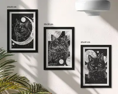 Sada obrazů na zeď černé kočky na pozadí měsíce a planet ve vesmíru