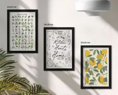Vícedílný obraz v rámu seznam bylin, kuchyňská cedule a malované citrony
