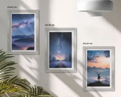 Sada obrazů na zeď noční obloha s horami, krajinou v mlze a jeleny