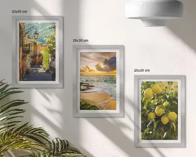 Sada obrazů na zeď malebné ulice, moře, pláž a citrusové stromy