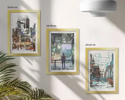 Sada tří obrazů moderní města v barvách s postavou v pozadí