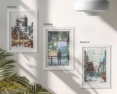 Sada tří obrazů moderní města v barvách s postavou v pozadí