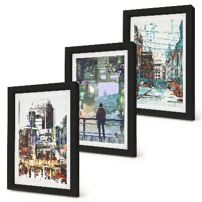 Sada tří obrazů moderní města v barvách s postavou v pozadí