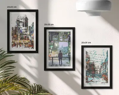 Sada tří obrazů moderní města v barvách s postavou v pozadí