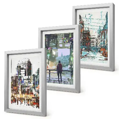 Sada tří obrazů moderní města v barvách s postavou v pozadí