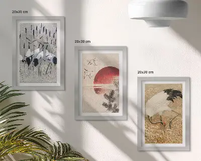 Sada tří obrazů japonské ilustrace s jeřáby v krajině ve stylu japandi