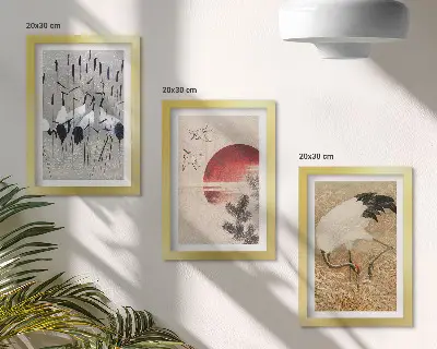 Sada tří obrazů japonské ilustrace s jeřáby v krajině ve stylu japandi
