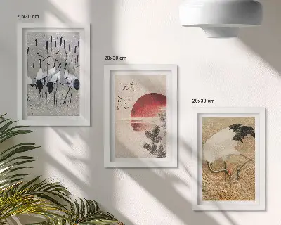 Sada tří obrazů japonské ilustrace s jeřáby v krajině ve stylu japandi