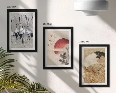 Sada tří obrazů japonské ilustrace s jeřáby v krajině ve stylu japandi