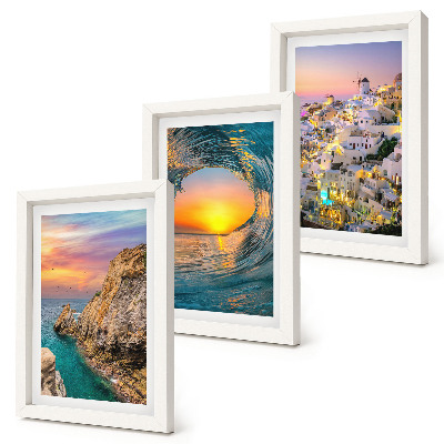 Sada obrazů na zeď Výhledy na moře, vlny a bílé domy na Santorini v Řecku