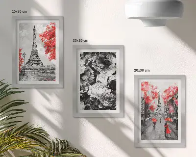 Sada tří obrazů šedé obrazy Eiffelovy věže s červenými akcenty