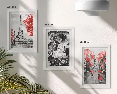 Sada tří obrazů šedé obrazy Eiffelovy věže s červenými akcenty