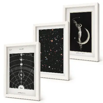 Sluneční soustava a galaxie s postavou na Měsíci sada tří obrazů